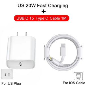 Set de cargador y cable para iPhone 7 hasta el 14 Pro Max Carga rápida 20W