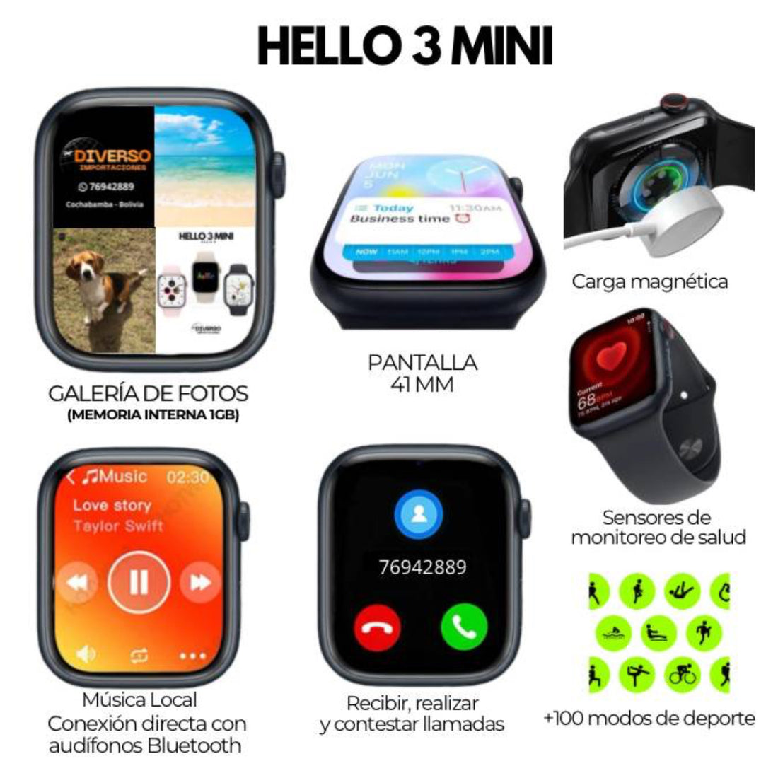 Reloj inteligente Mini AMOLED para hombres y mujeres, Size 41 mm, siempre en pantalla, NFC, 1 GB ROM, álbum de fotos, reloj deportivo para Android y Iphone